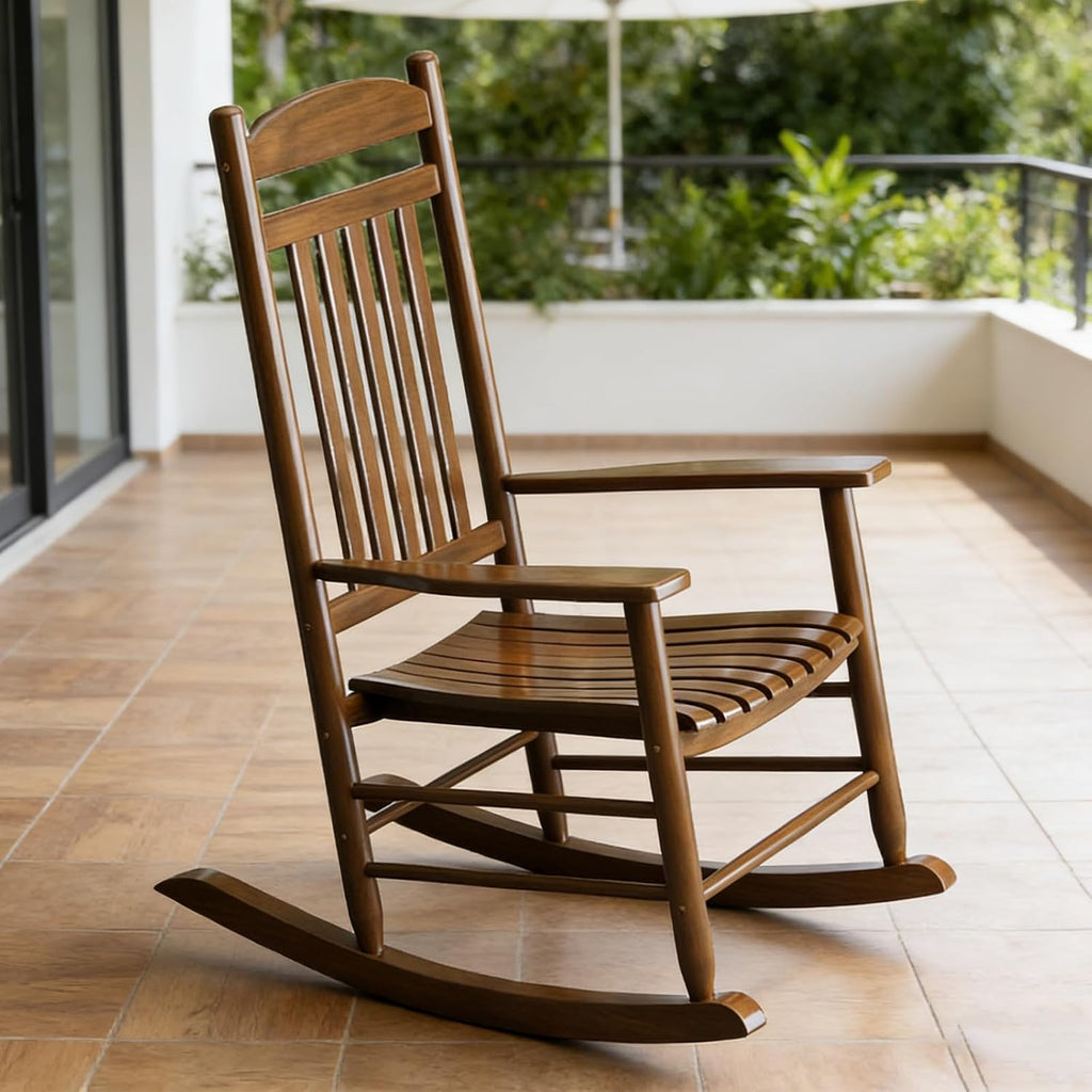 Wooden Outdoor Rocking Chair, Weatherproof Oversized Rocking Chair, Heavy Duty Comfort Brown 450 lbs Weight Capacity, Solid Relaxing Rocker Brown High Back for Patio, Porch, Living Room,