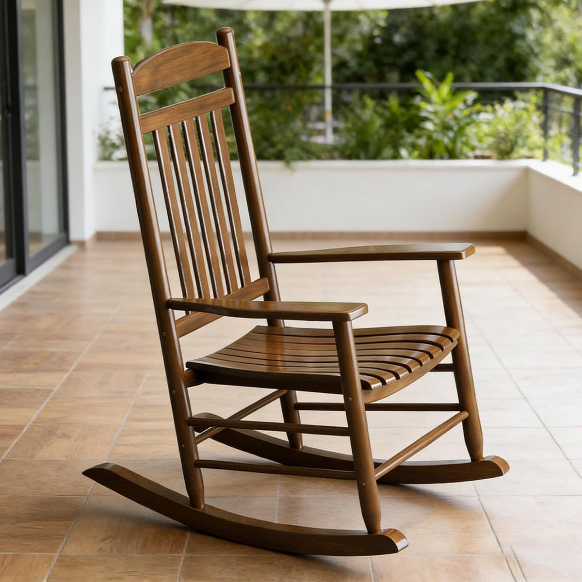 Wooden Outdoor Rocking Chair, Weatherproof Oversized Rocking Chair, Heavy Duty Comfort Brown 450 lbs Weight Capacity, Solid Relaxing Rocker Brown High Back for Patio, Porch, Living Room,