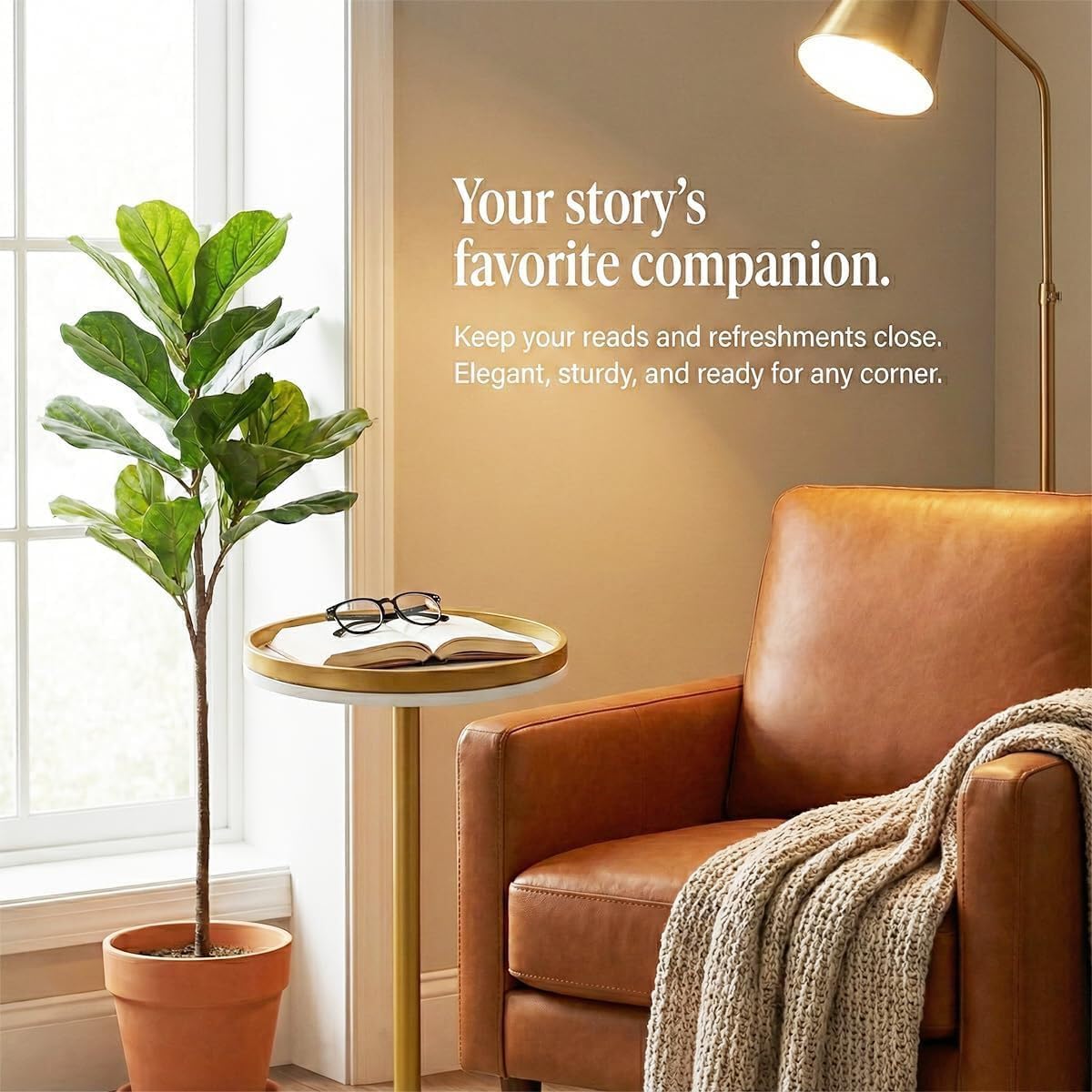 Martini Table, Small Round Drink Table with Weighted Base,Modern White & Gold Pedestal End Table with Tray Top Edge for Small Spaces, Living Room, Next to Sofa,24.7 "Tall