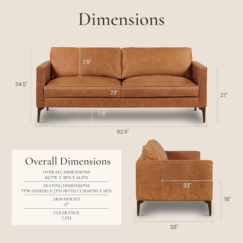 Poly & BARK Mateo 82” Sofa – Cognac Tan Full-Grain Pure-Aniline Italian Leather, Feather-Down Cushions, Solid Wood Frame & Walnut Legs
