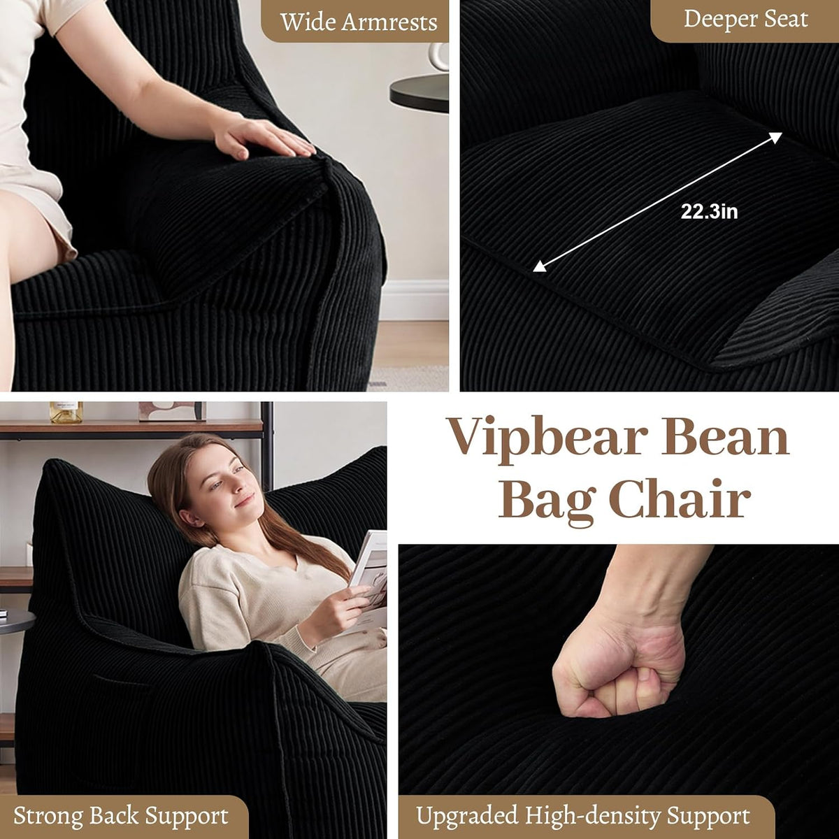 Vipbear Bean Bag Chair for Adults, Chair with Memory Foam | 35.5" Corduroy Beanbag Washable, Cozy Fluffy Chair with Pocket & Handle, Ergonomic Bedroom Sofa Chair for Gaming, Reading