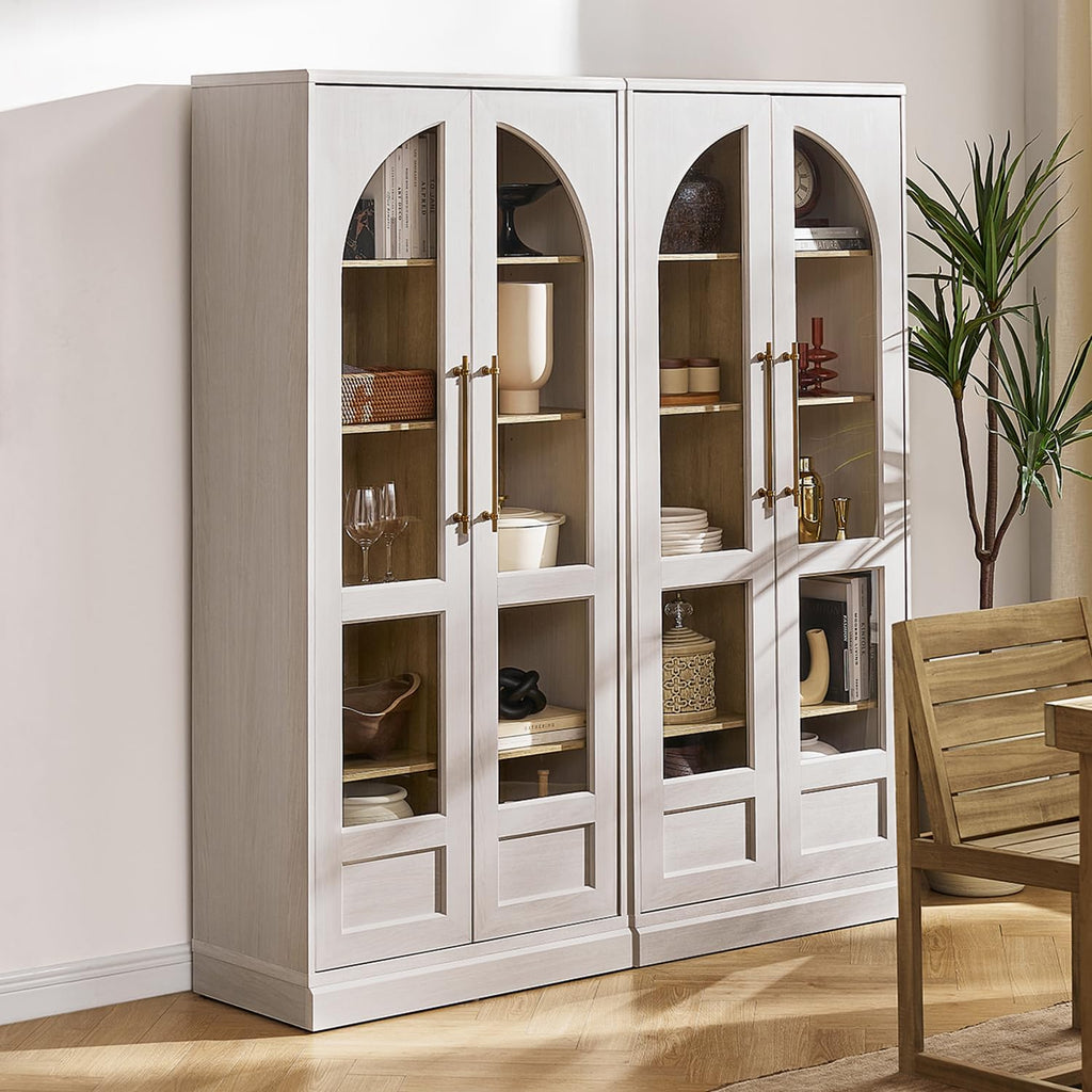 mopio Blake Tall Display Cabinet, Kitchen Buffet Pantry Cupboard, Trophy Display Case, Storage Cabinet Scratch Resistant Acrylic, Modern Farmhouse Curio Organizer (White Oak Arched, Single)