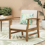 Weatherproof Acacia Wood Outdoor Arm Chair with Beige Cushions, Indoor & Patio Single Comfort Lounge Chair for Porch Garden Backyard (Cream + Acacia Wood)