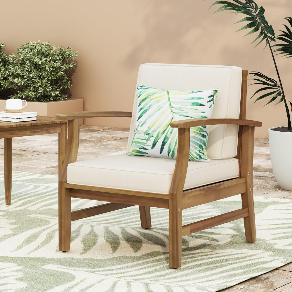 Weatherproof Acacia Wood Outdoor Arm Chair with Beige Cushions, Indoor & Patio Single Comfort Lounge Chair for Porch Garden Backyard (Cream + Acacia Wood)
