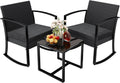 Greesum 3 Pieces Outdoor Furniture Set Patio Bistro Rocking Chairs with Glass Coffee Table for Pool Beach Backyard Balcony Porch Deck Garden, Black