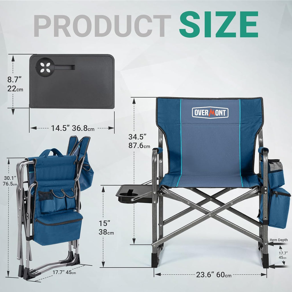 Overmont Folding Camping Chair with Side Table, Cooler Bag, 400 lb Capacity | Oversized Directors Chair for Lawn, Beach, Picnics and Fishing, 600D Oxford, 11.8 lb, Shoulder Strap and Storage Pockets