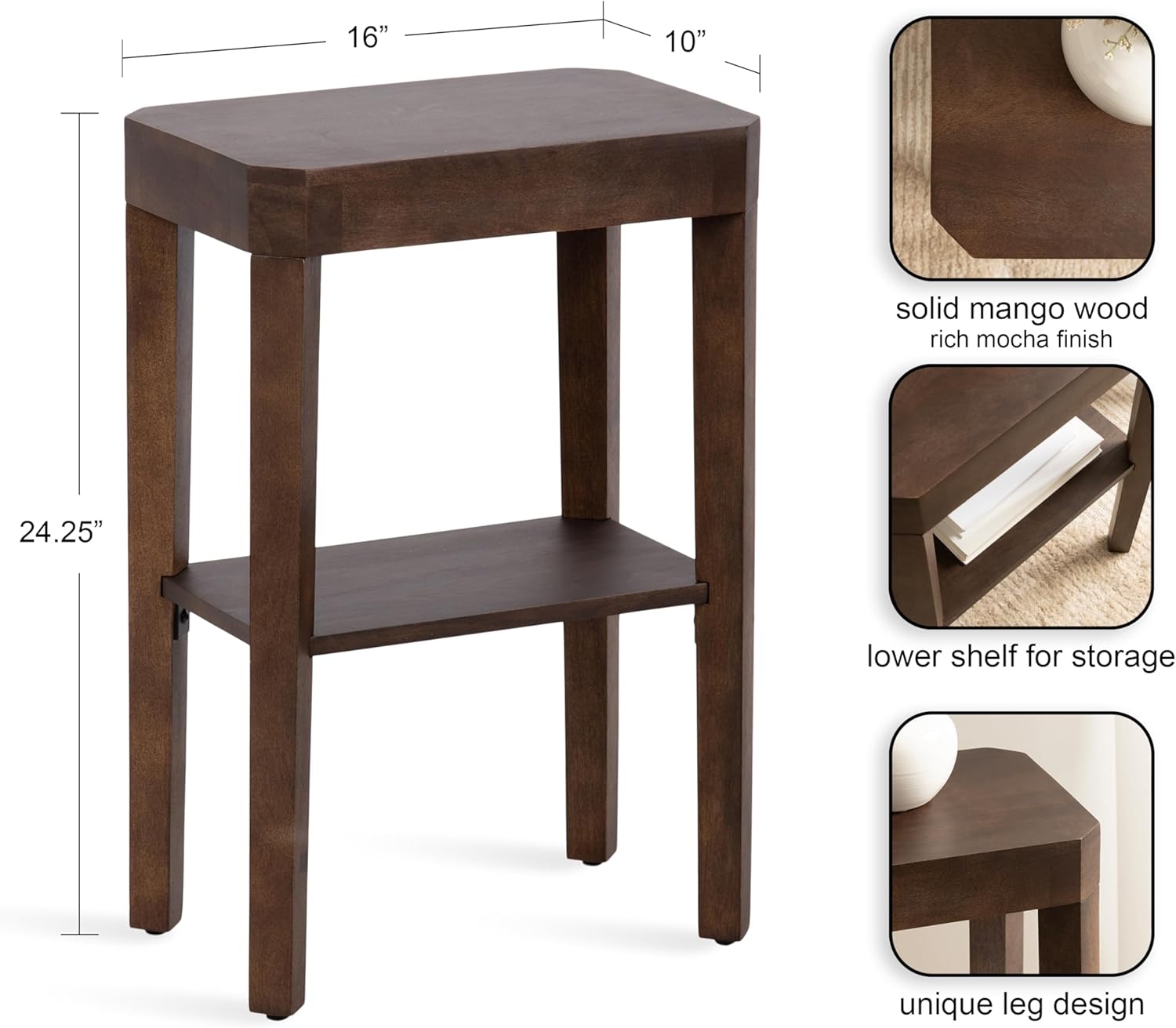Kate and Laurel Talcott Modern Rectangle Wood Side Table, 16 x 10 x 25, Dark Brown, Transitional Decorative Two-Tier End Table for Use as a Bedroom Nightstand or Living Room Accent
