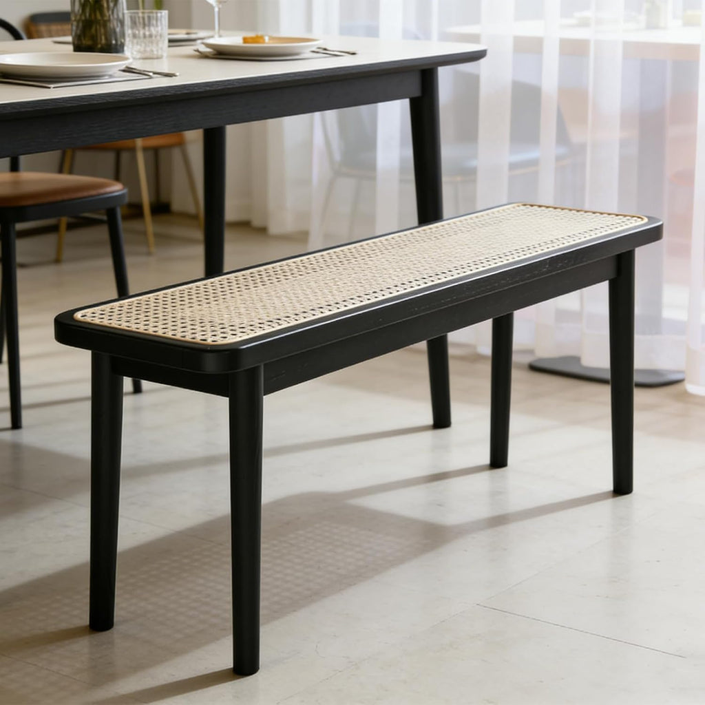 39 Inch Black Skinny Bench with Handwoven Rattan - Dining Bench, Solid Oak Frame for Kitchen, Restaurant, Entryway or Hallway