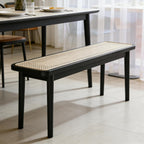 39 Inch Black Skinny Bench with Handwoven Rattan - Dining Bench, Solid Oak Frame for Kitchen, Restaurant, Entryway or Hallway