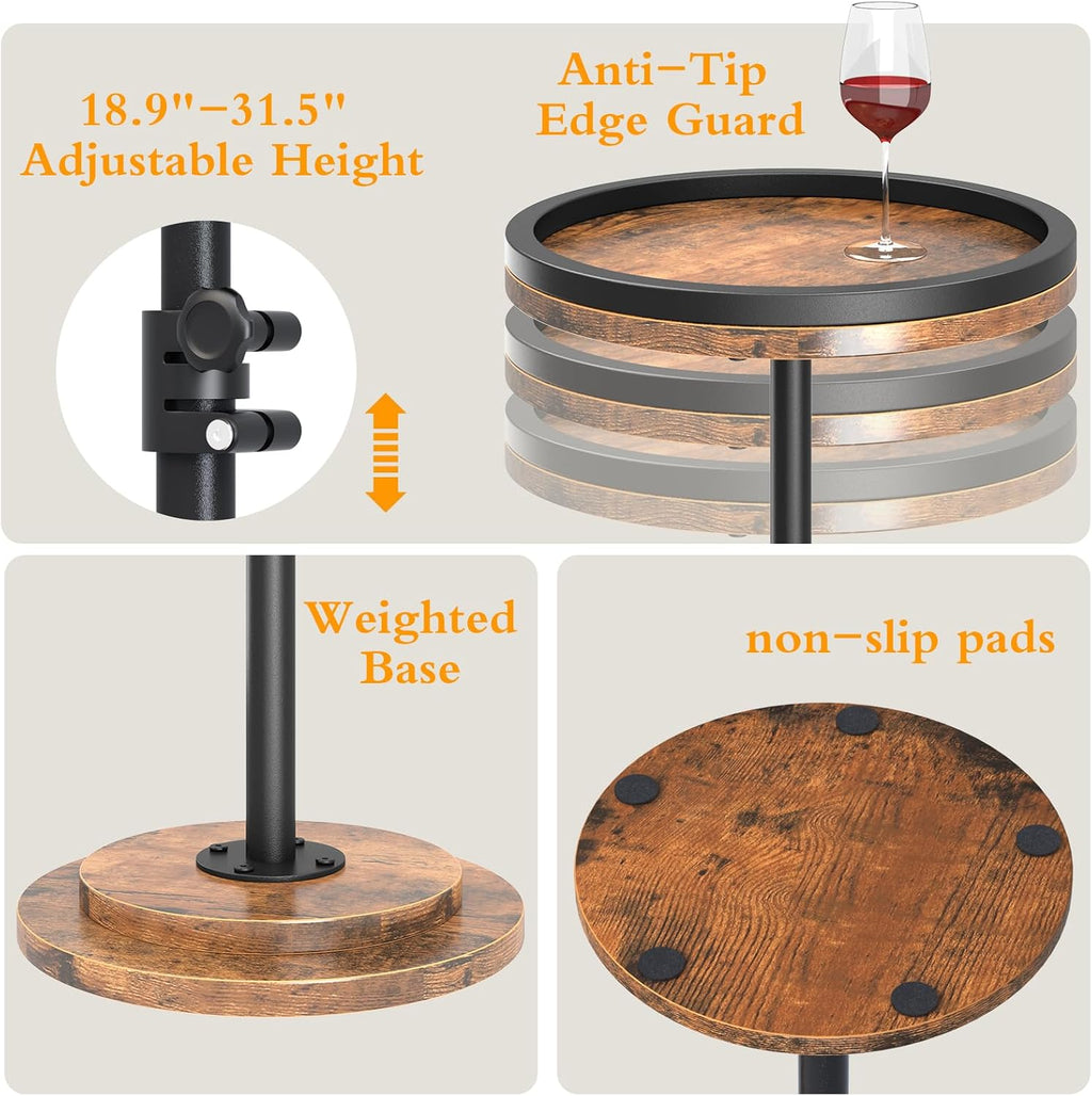 Small Side Table, Drink Table, Height Adjustable Round End Table, Pedestal Side Table for Small Spaces in Living Room, Bedroom, Brown