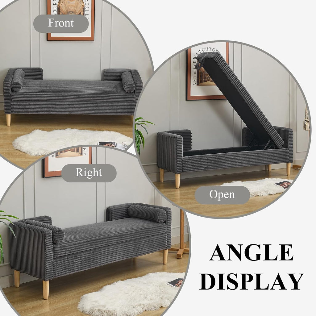 65.35" Storage Bench, Corduroy Upholstered End of Bed Bench with Bolster Pillows, Modern Storage Bench with Natural-Patterned Wooden Legs, Comfy Entryway Bench for Entryway (Charcoal)