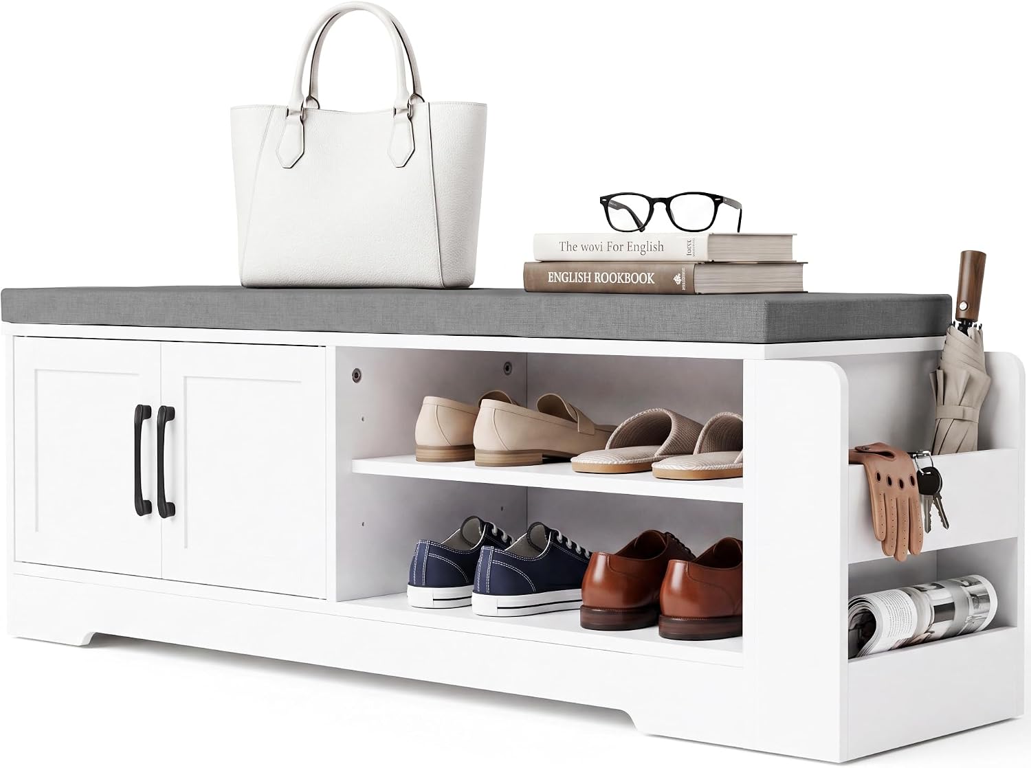 Farmhouse Shoe Storage Bench with 3-in-1 Entryway Storage & Padded Seat | 47.3" Wide Entryway Bench with Adjustable Shelves, Shoe Organizer & Side Storage Rack for Living Room, Bedroom, White