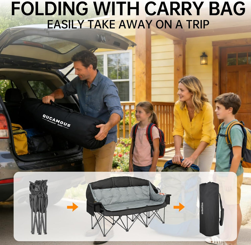 3 Person Camping Chair for Adults Folding Double Camping Chair Oversized Heavy Duty Camping Loveseat with Cup Holders & Carry Bag, Portable Outdoor Lawn Chair for Camping, Beach, Backyard Black & Grey