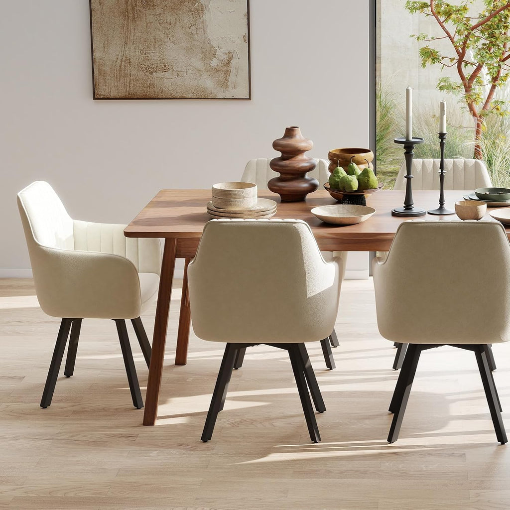 Furniliving Swivel Dining Chairs Set of 2, 360° Swivel Dining Room Chairs with Mental Legs, Mid Century Modern Kitchen Dining Room Chairs with Arms & Thickened Cushions for Kitchen, Velvet, Beige