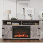 JUMMICO Fireplace TV Stand for TVs Up to 65+ Inch with 26" Fireplace(Grey) | Open Storage Shelves and Side Cabinets, Entertainment Center with Barn Doors, Media TV Console for Living Room