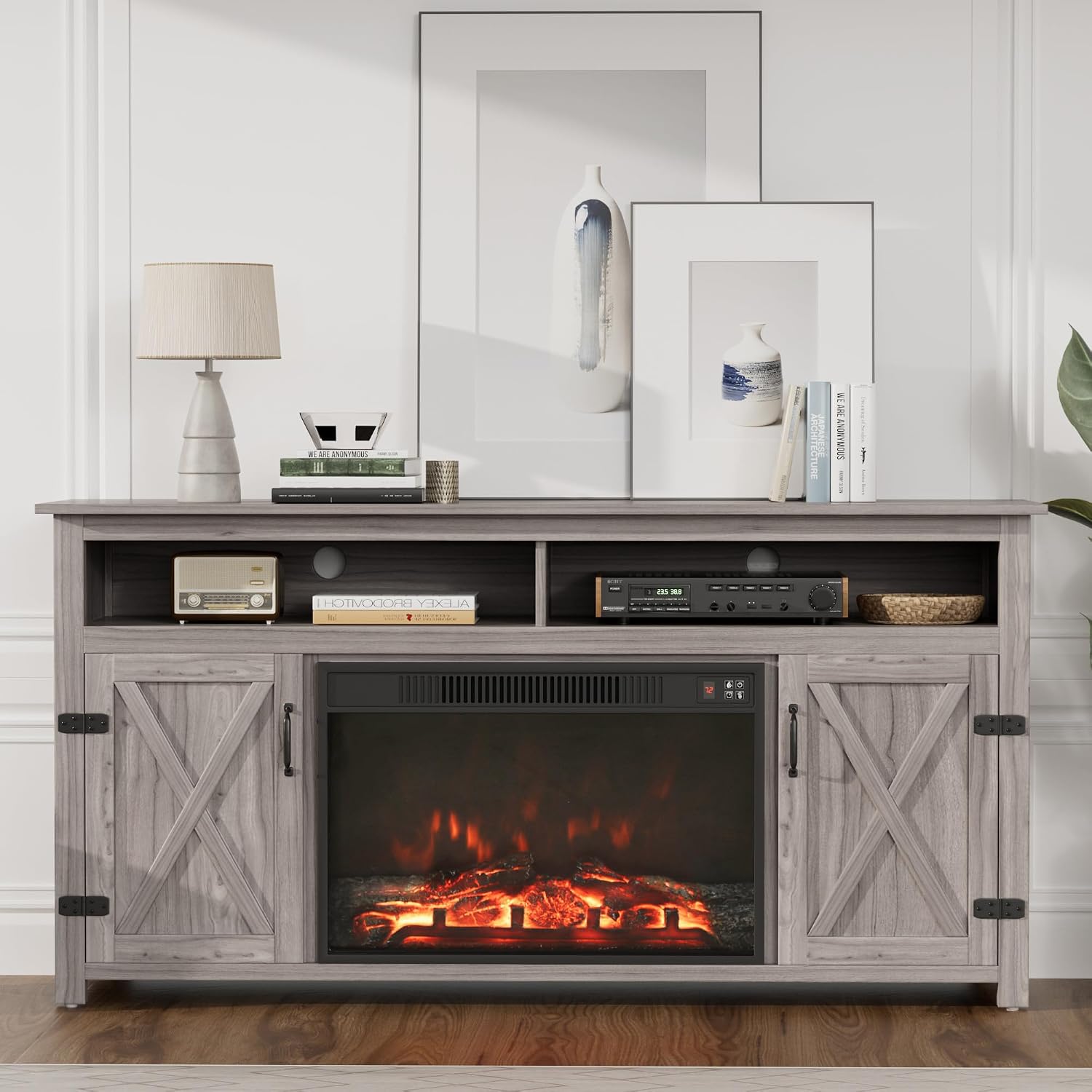JUMMICO Fireplace TV Stand for TVs Up to 65+ Inch with 26" Fireplace(Grey) | Open Storage Shelves and Side Cabinets, Entertainment Center with Barn Doors, Media TV Console for Living Room
