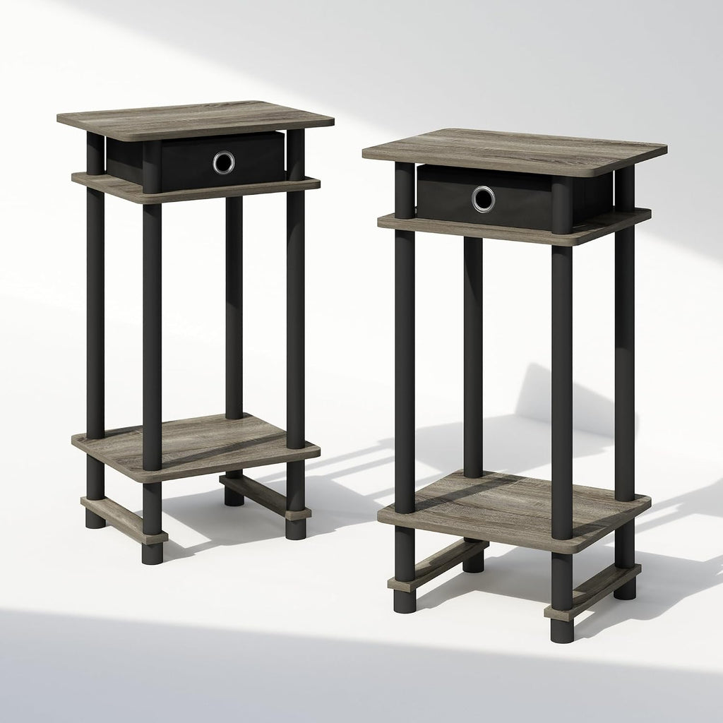 Furinno Turn-N-Tube Tall Nightstand with Bin, 2-Pack, Plastic Poles, French Oak/Black/Black | Tall Narrow, Open Shelf Design Nightstand with Storage Bin, Bedside Table, End Table, Side Table, for Bedroom, Closet, Dorm