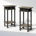 Furinno Turn-N-Tube Tall Nightstand with Bin, 2-Pack, Plastic Poles, French Oak/Black/Black | Tall Narrow, Open Shelf Design Nightstand with Storage Bin, Bedside Table, End Table, Side Table, for Bedroom, Closet, Dorm