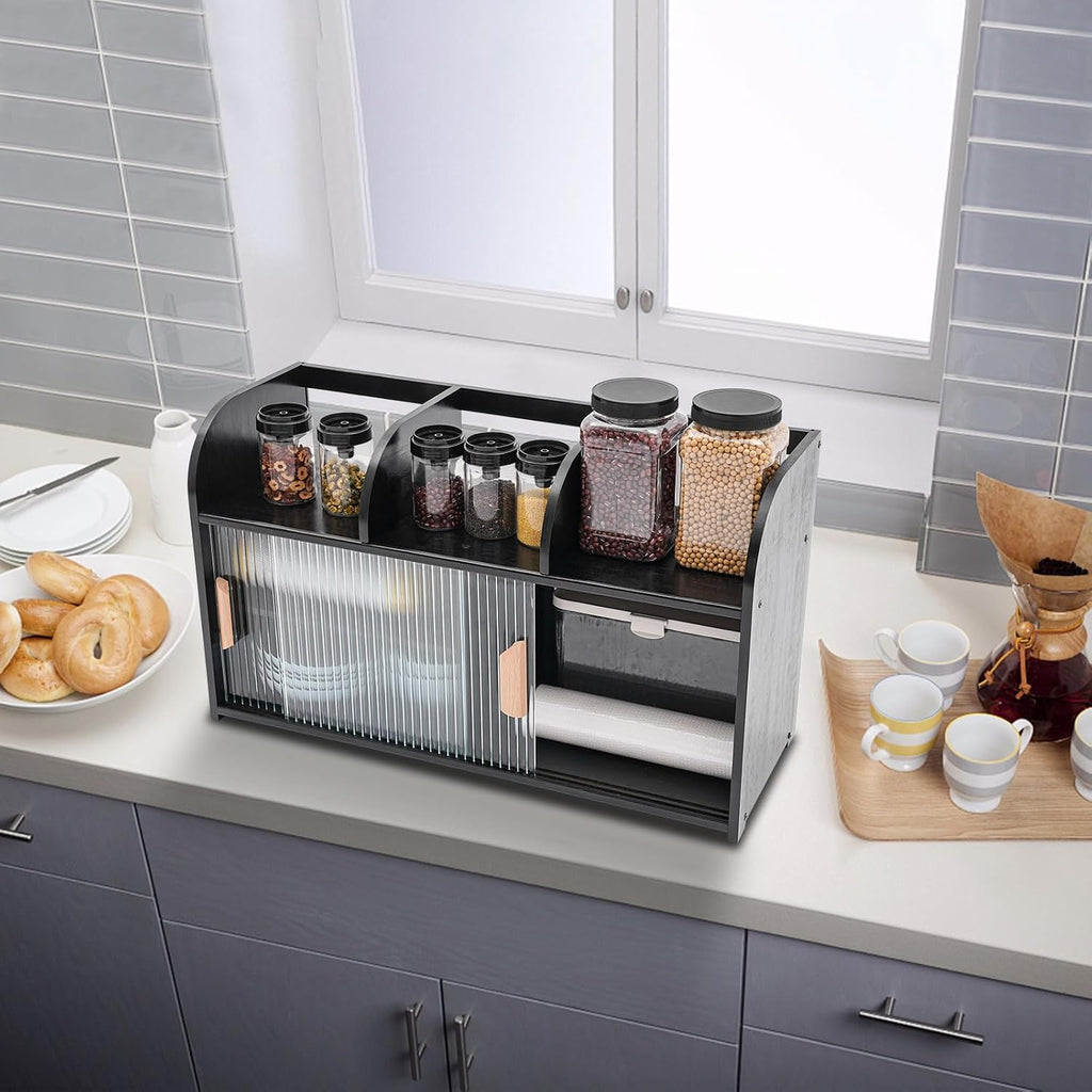 Storage Organizer Countertop Cabinet Bamboo Kitchen Pantry Sideboard Freestanding Kitchen Cabinet Top Floor Open Design 26.4 * 9.8 * 15.3in Adjustable Shelf Height with Cupboard Doors