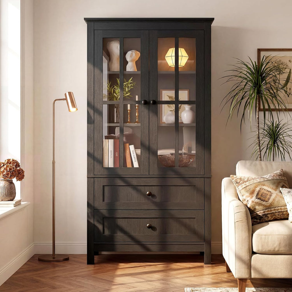 63" Kitchen Pantry Cabinet, Modern Farmhouse Storage Cabinet with Tempered Glass Doors & 2 Large Drawers, Wood Cupboard with Adjustable Shelves for Dining Room, Kitchen, Black