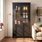 63" Kitchen Pantry Cabinet, Modern Farmhouse Storage Cabinet with Tempered Glass Doors & 2 Large Drawers, Wood Cupboard with Adjustable Shelves for Dining Room, Kitchen, Black