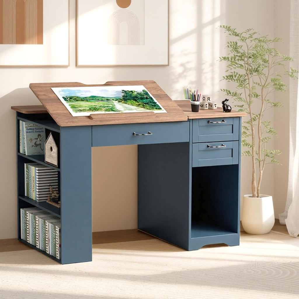 Drafting Table with Storage Cabinet & Drawers, Adjustable Drawing Desk with Open Shelves, Craft Table Painting Desk for Artists, Painters, Drawing, Crafting, Reading, Writing, Working (Blue)
