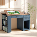 Drafting Table with Storage Cabinet & Drawers, Adjustable Drawing Desk with Open Shelves, Craft Table Painting Desk for Artists, Painters, Drawing, Crafting, Reading, Writing, Working (Blue)
