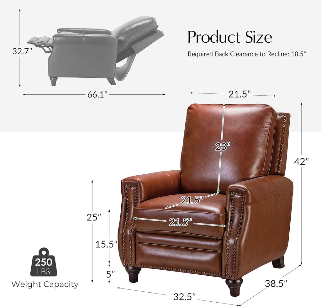 HULALA HOME Genuine Leather Manual Recliner Chairs Set of 2 with Adjustable Backrest & Footrest, Mid Century Modern Push Back Recliners with Nailhead Trim & Wood Legs, Brown
