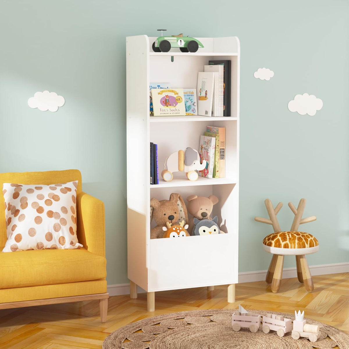 Kids Furniture Set for Bedroom Toddler Table and Chair Desk Toy | Multi-purpose 4-tier bookshelf for books, toys, art accessories. High-density MDF board and pine wood legs. Easy setup w