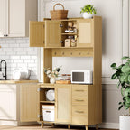 71" Tall Kitchen Pantry Cabinet, Freestanding Rattan Hutch with Microwave Stand, 3 Drawers & 6 Hooks, Kitchen Pantry Cabinet for Dining Room & Kitchen Organization