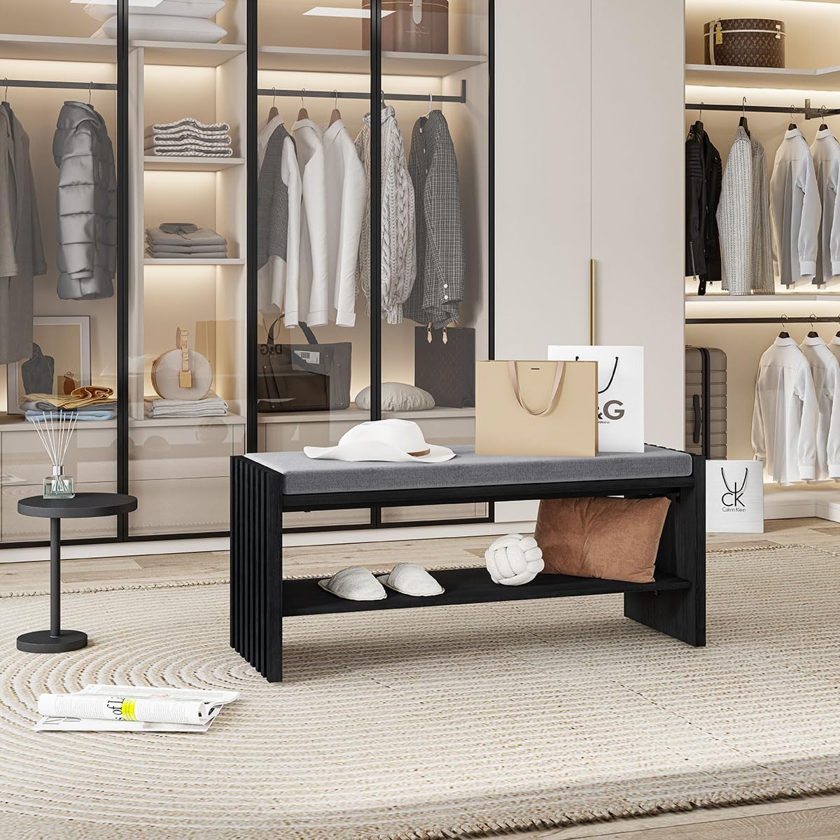 BON AUGURE 40" Entryway Shoe Bench with Storage & Cushion, Modern Fluted Shoe Rack for Mudroom, Sturdy Wooden Hallway Bench with 360 lbs Capacity, Black Oak