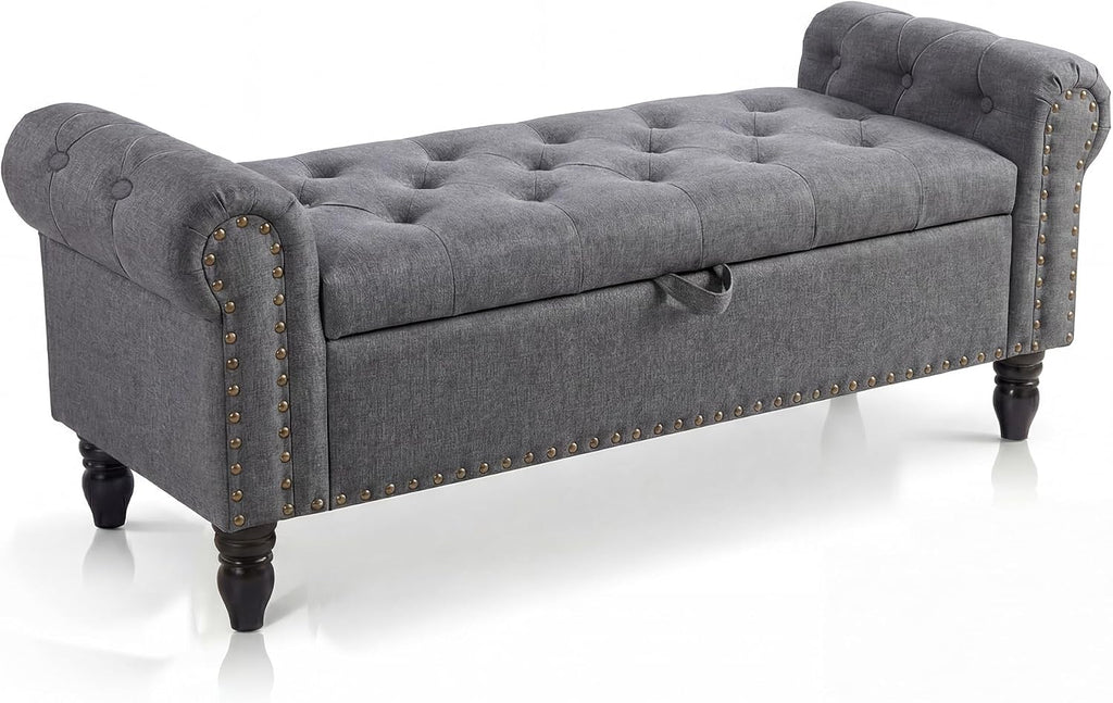51in Bedroom Storage Bench for End of Bed, Upholstered Ottoman Bench with Button Tufted Design and Rolled Arms, Anti Cotton and Linen Entryway Bench with Safety Hinge for Living Room, Closet, Gray