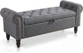 51in Bedroom Storage Bench for End of Bed, Upholstered Ottoman Bench with Button Tufted Design and Rolled Arms, Anti Cotton and Linen Entryway Bench with Safety Hinge for Living Room, Closet, Gray