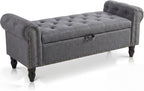 51in Bedroom Storage Bench for End of Bed, Upholstered Ottoman Bench with Button Tufted Design and Rolled Arms, Anti Cotton and Linen Entryway Bench with Safety Hinge for Living Room, Closet, Gray