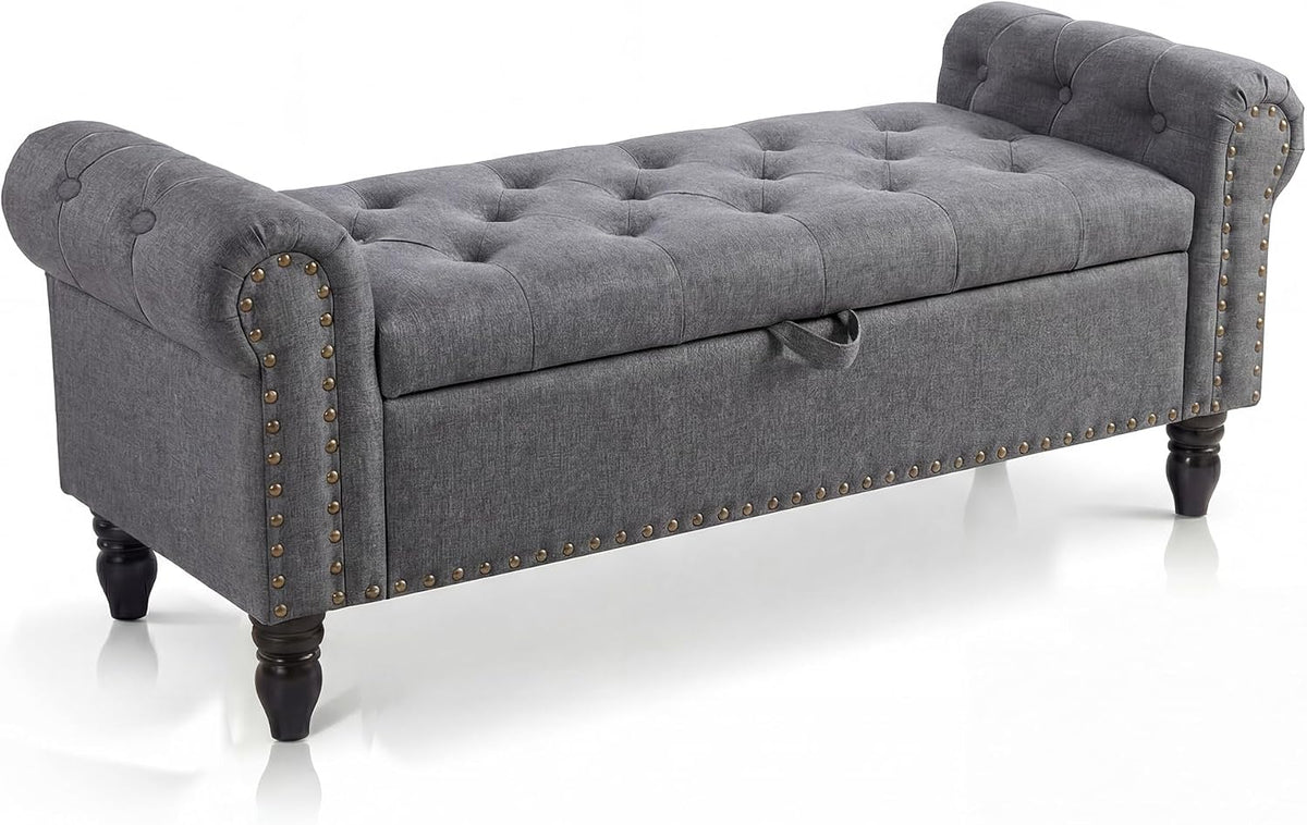 51in Bedroom Storage Bench for End of Bed, Upholstered Ottoman Bench with Button Tufted Design and Rolled Arms, Anti Cotton and Linen Entryway Bench with Safety Hinge for Living Room, Closet, Gray