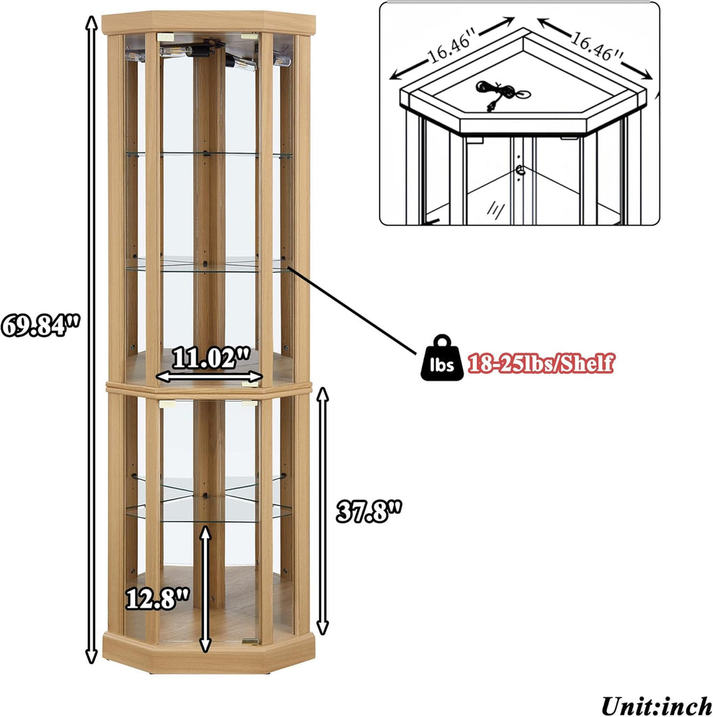 69" H Lighted Corner Display Cabinet, Curio Corner Glass Cabinet w/Adjustable Shelves & Glass Door, 5-Tier Wooden Storage Display Case w/Mirrored Back Pane for Living Room(Light Oak)