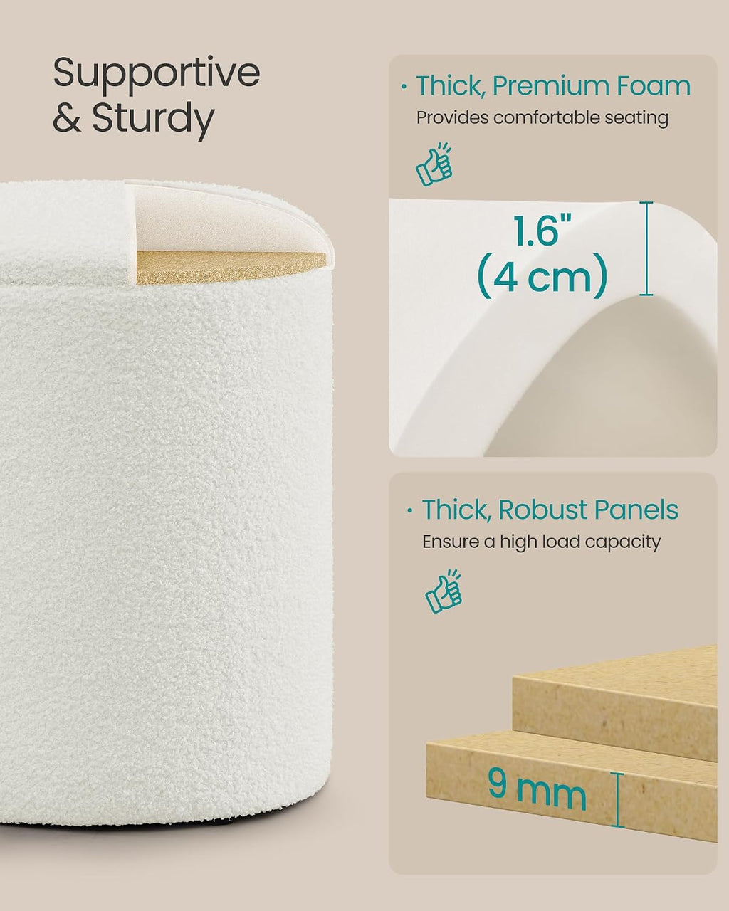 SONGMICS Vanity Stool, Set of 2, Round Storage Ottoman, Teddy Fleece | Small Coffee Table, Removable Lid, Easy Assembly, for Living Room, Bedroom, Cream White, ISLAND Collection ULOM013WD01