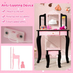 Costzon Kids Vanity Table and Chair Set, Girls Vanity Set with Mirror and Stool, Storage Drawer, Wooden Princess Makeup Dressing Table, Vanity Set for Little Girls