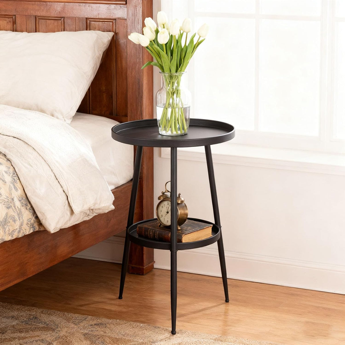 ShellKingdom Small Round Side Table, 2 Tier Metal End Table for Indoor Outdoor Bedroom Living Room Home Office Nightstand (Black)