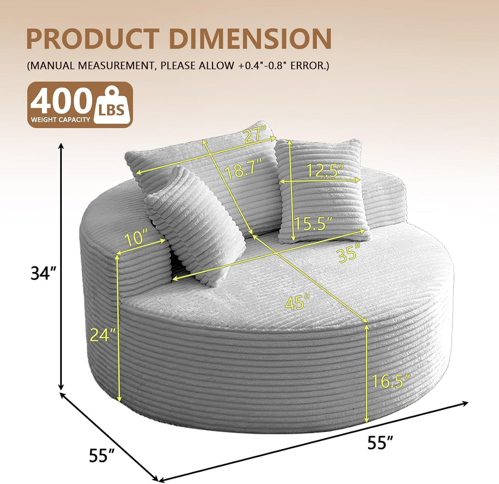 Oversized Round Chair Lounge Chaise Indoor, Upholstered Corduroy Deep Seat Cloud Large Circle Sofa Chair, No Assembly Required, Fluffy Modern Sleeper Sofa Bed for Reading, Living Room, Light gray
