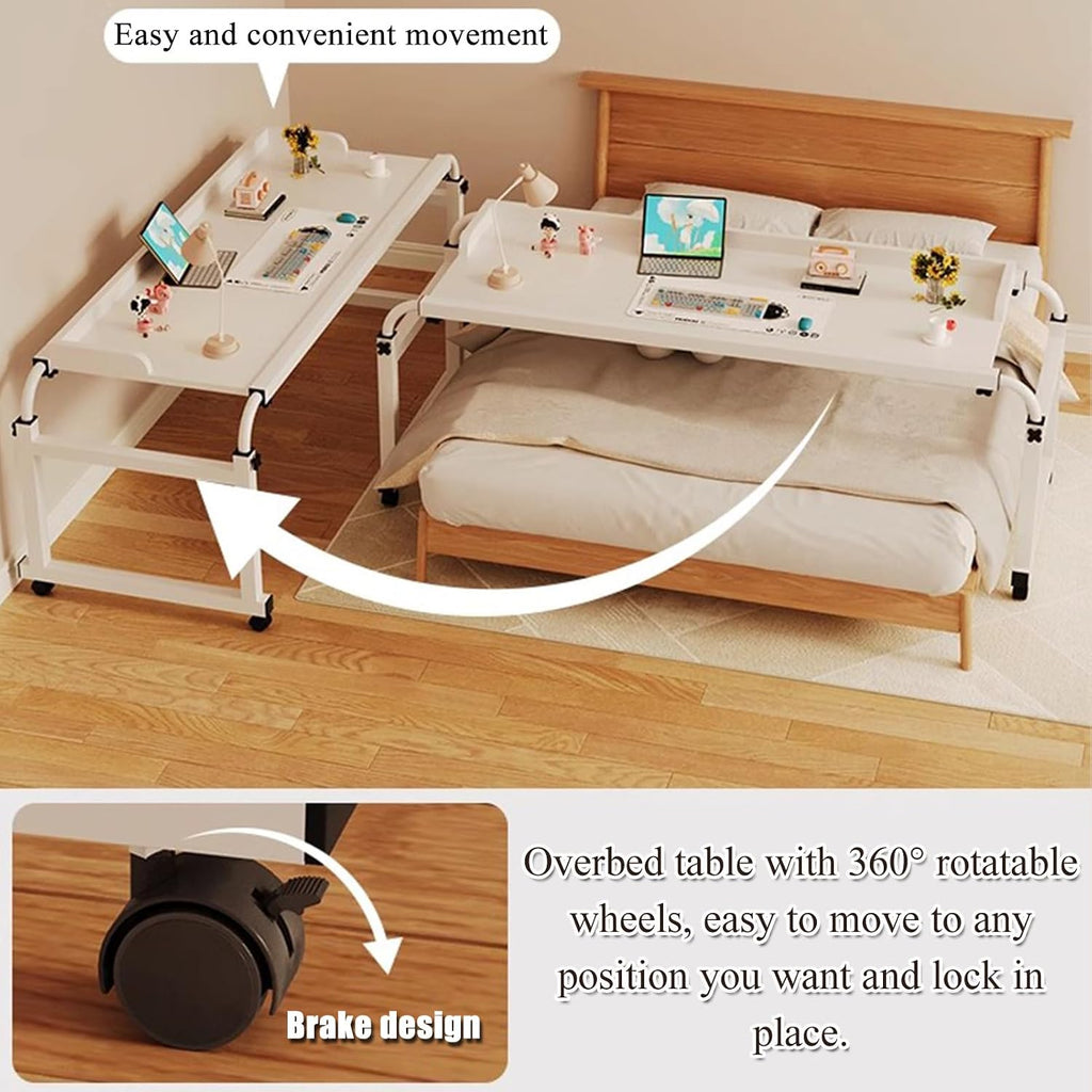 Adjustable Overbed Table - Height Length Adjustable Medical Overbed Table,Queen Size Over Bed Desk with 360° Wheels,Rolling Desk for Full/Queen/King Bed,350lbs Weight Capacity,N