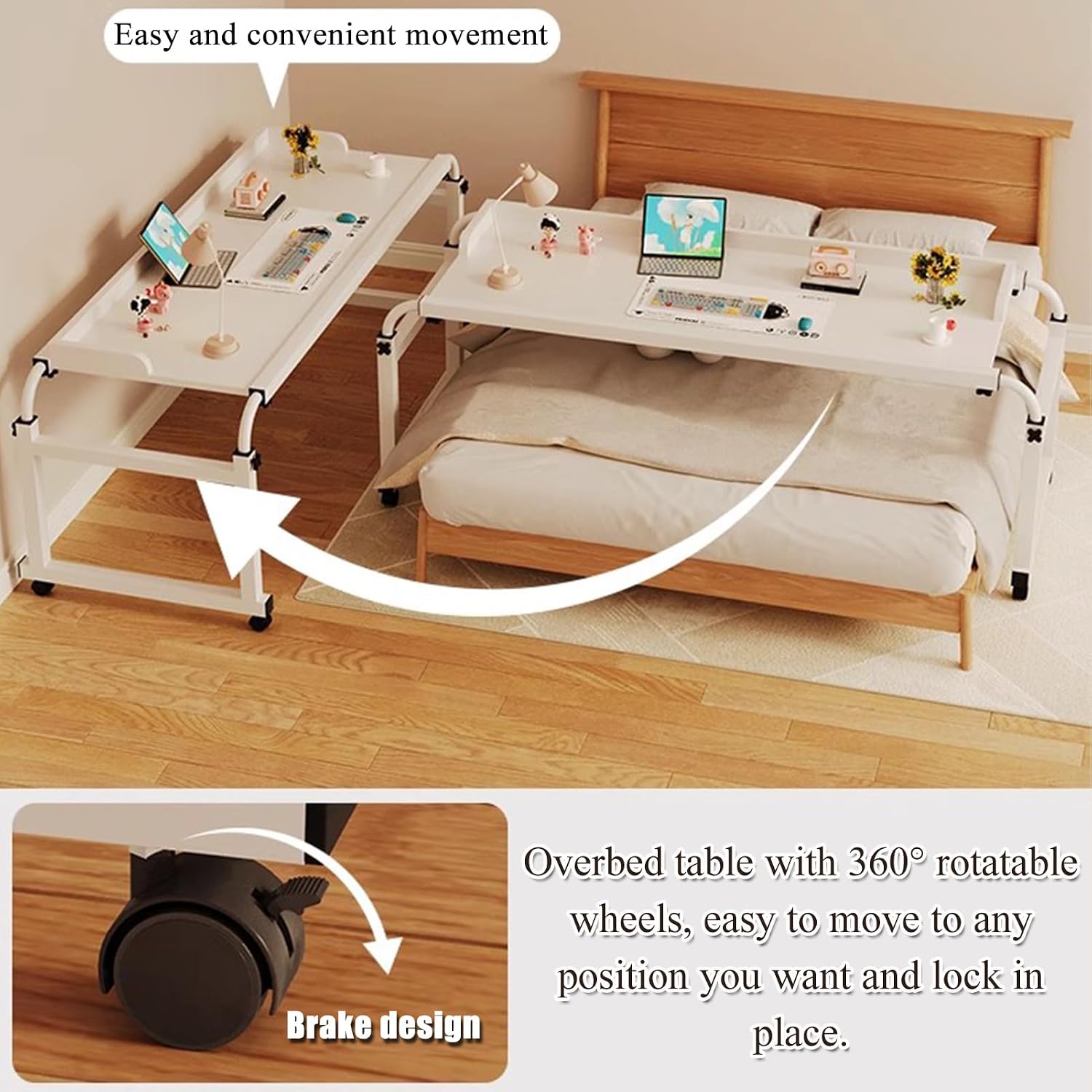 Adjustable Overbed Table - Height Length Adjustable Medical Overbed Table,Queen Size Over Bed Desk with 360° Wheels,Rolling Desk for Full/Queen/King Bed,350lbs Weight Capacity,N