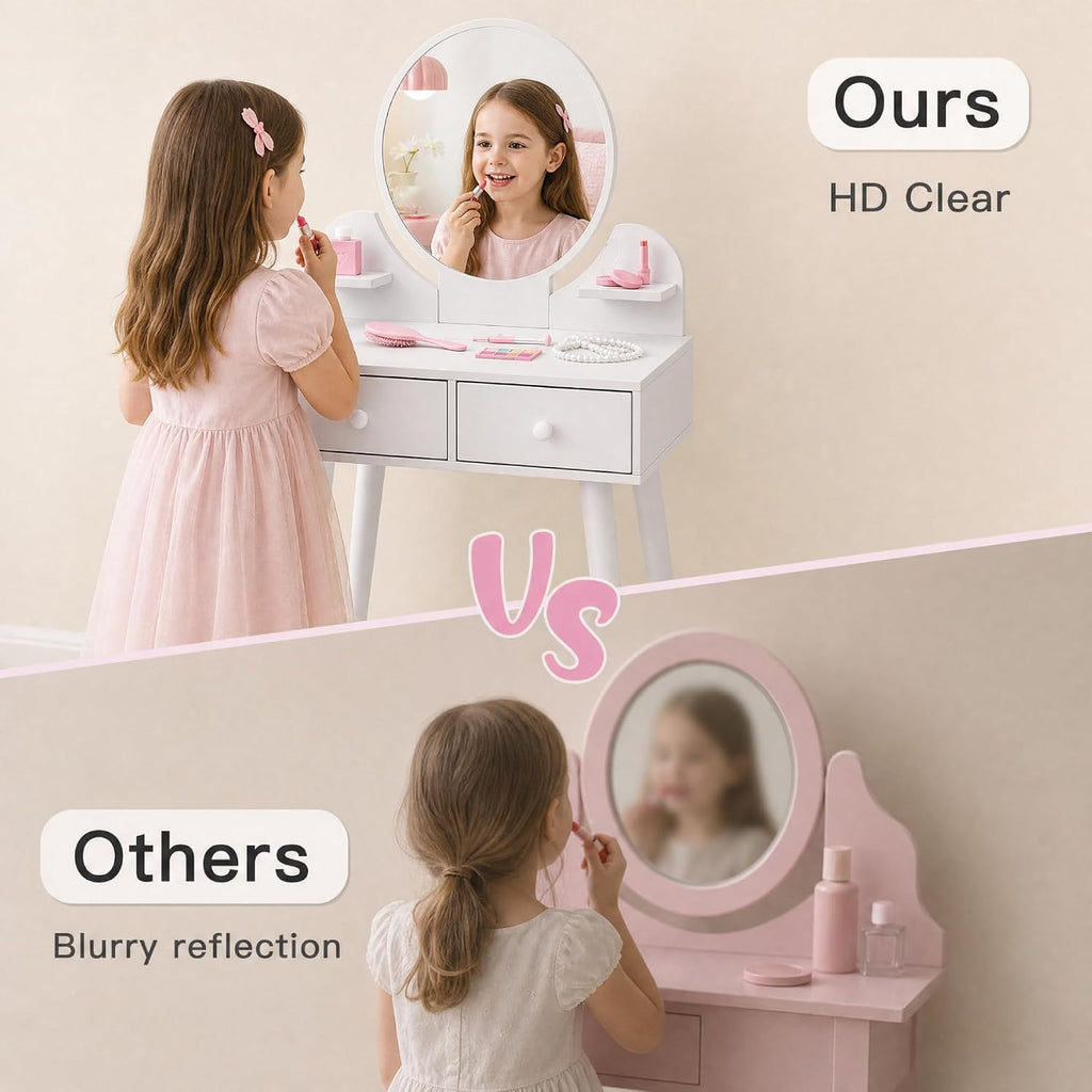 Arlopu Kids Vanity Table and Chair Set, 2 in 1 Girls Makeup Dressing Desk | with Detachable Large Mirror and Stool, Drawers, Shelves, Princess Wooden Pretend Play Toys for Little Girls (White)