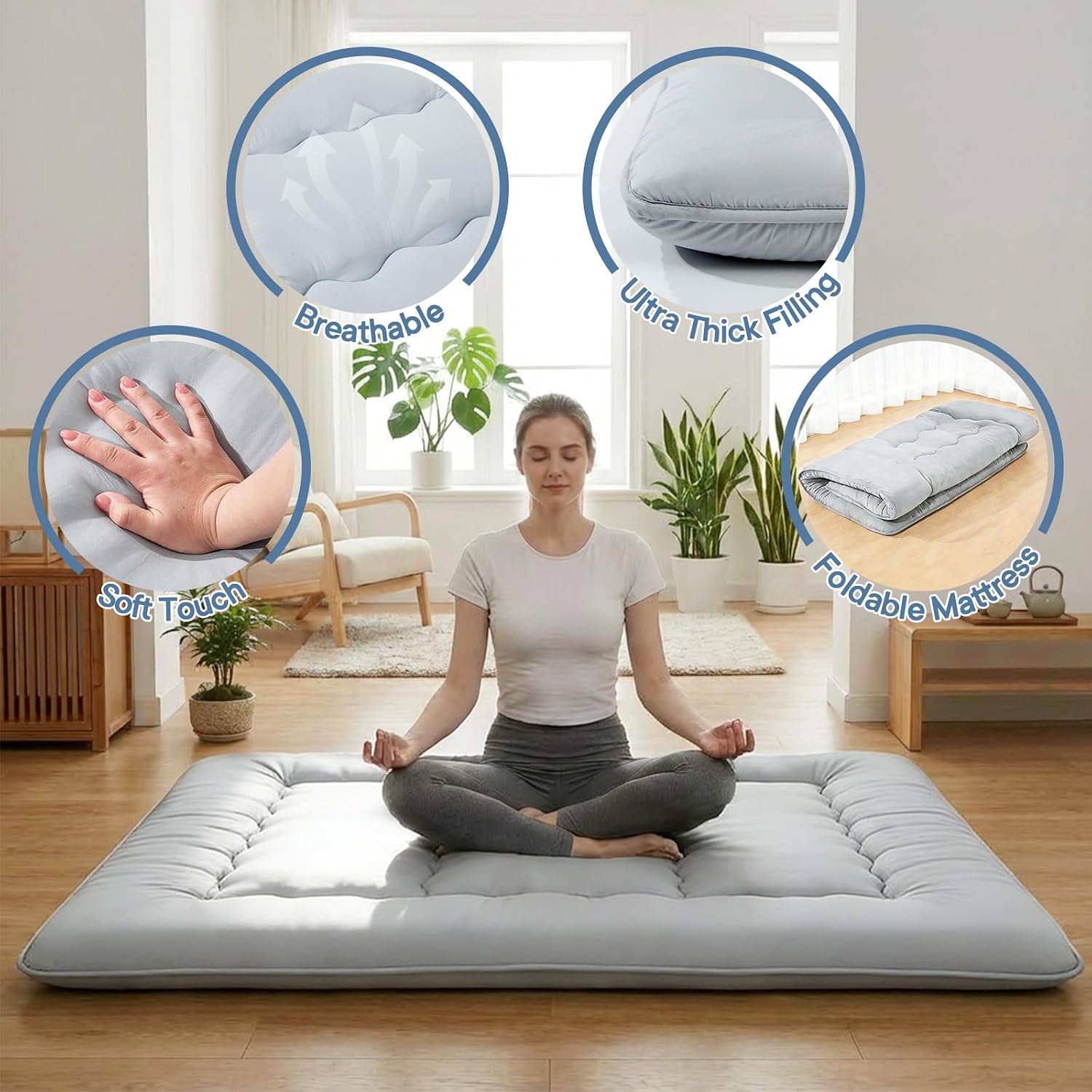 DUMOS Japanese Floor Mattress Twin Size, 4" Thick Futon Mattress, Gray | Tatami Mat Sleeping Pad, Removable Cover, Portable Roll Up Floor Lounger Bed, for Guest, Dormitory, Camping and Travel