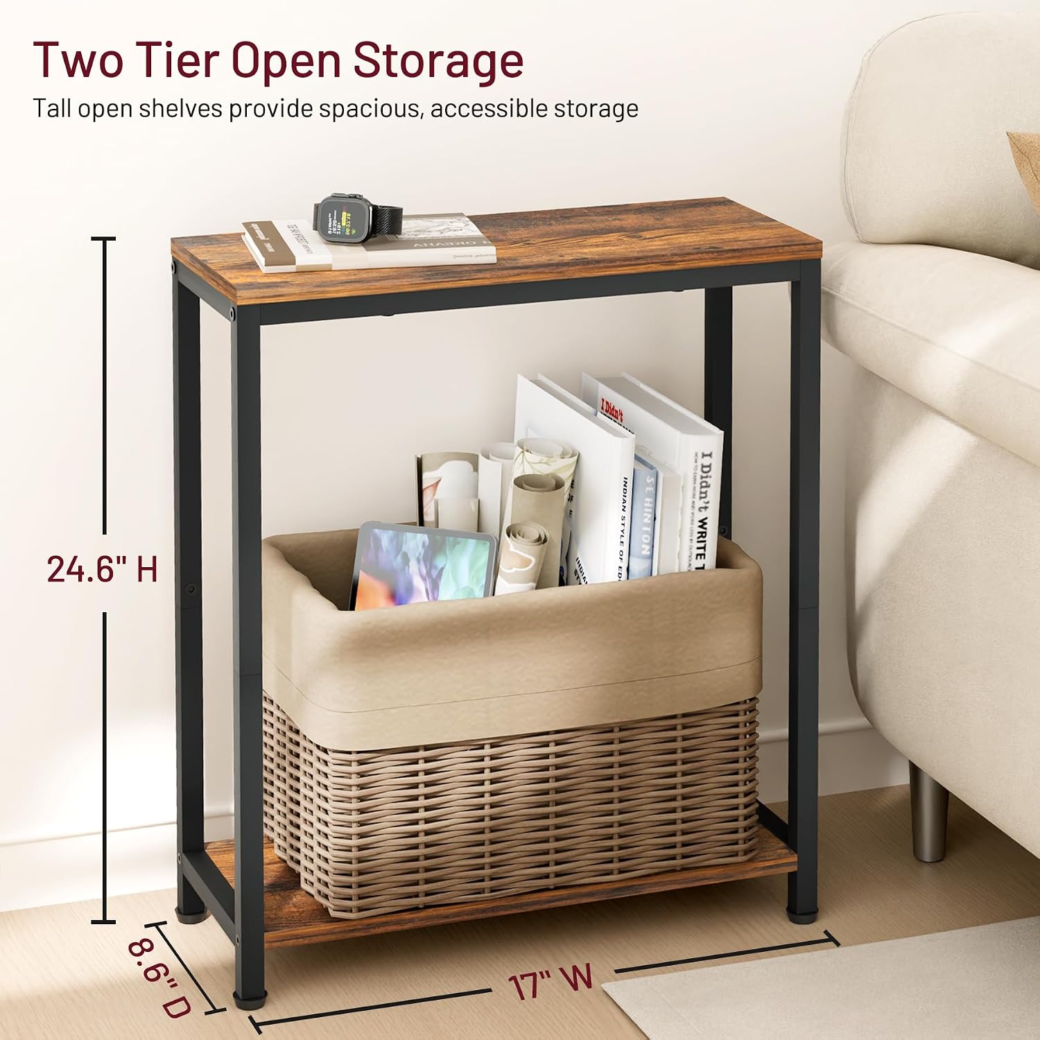 SLEEPING LAMB Narrow End Tables Living Room Set of 2 Small Side Table for Small Space, 2 Tier Slim Skinny Night Stand for Bedroom, Couch Beside Nightstands, Rustic Brown and Classic Black