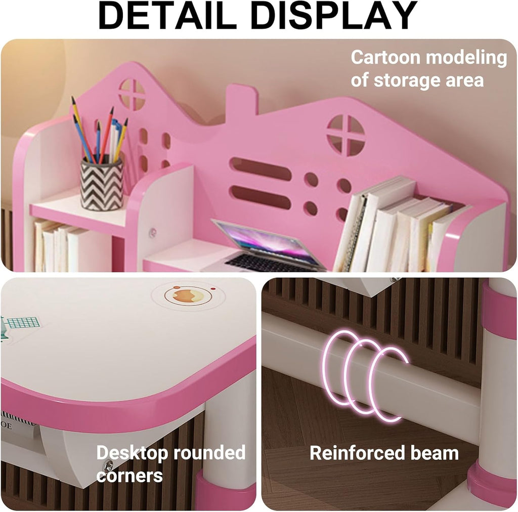 Kids Desk and Chair Set, Height Adjustable Study Table for Home and School | Study Writing Desk With Widened Desktop, Bookstand, Storage Drawer and Ergonomic Chair for Boys and Girls. Pink