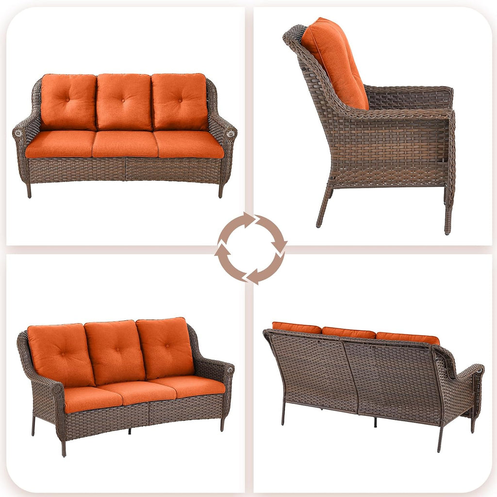 Patio Couch Outdoor Wicker Sofa - Heavy Duty All-Weather Brown Rattan 3-Seater with High Back and Comfy Thick Cushions for Garden Back Porch Poolside Apartment - Orange