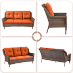 Patio Couch Outdoor Wicker Sofa - Heavy Duty All-Weather Brown Rattan 3-Seater with High Back and Comfy Thick Cushions for Garden Back Porch Poolside Apartment - Orange