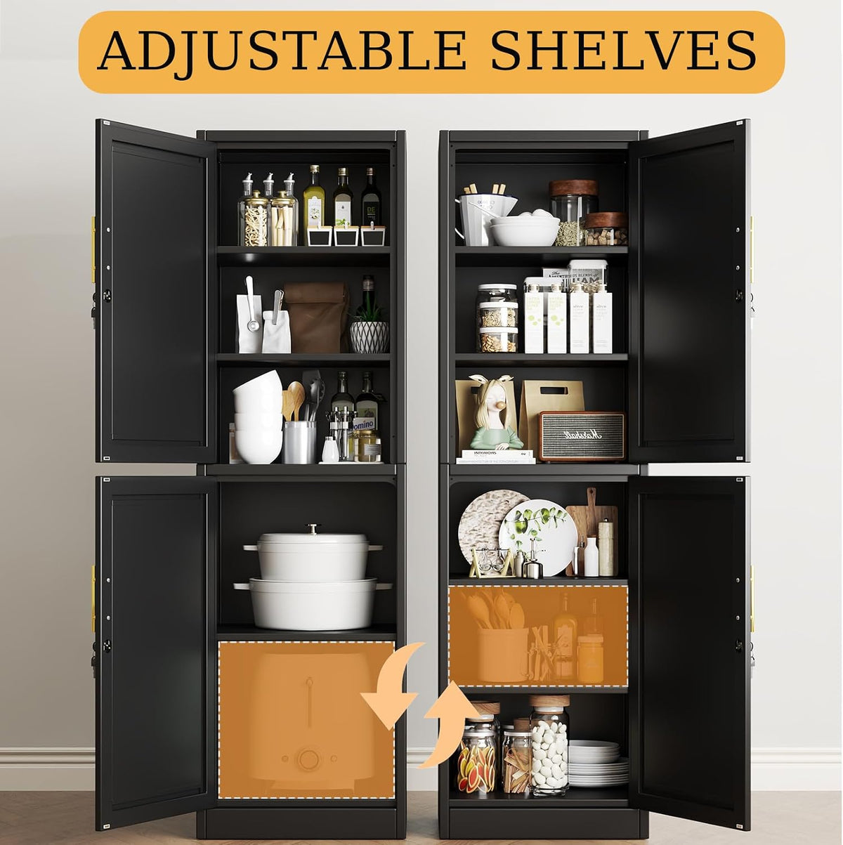 Metal Locker Cabinet with Doors and Shleves, 67" H Tall Narrow Storage Cabinet with Lock, Pantry Storage Cabinet for Living Room, Pantry, Bathroom (2Doors-Lock, Black)