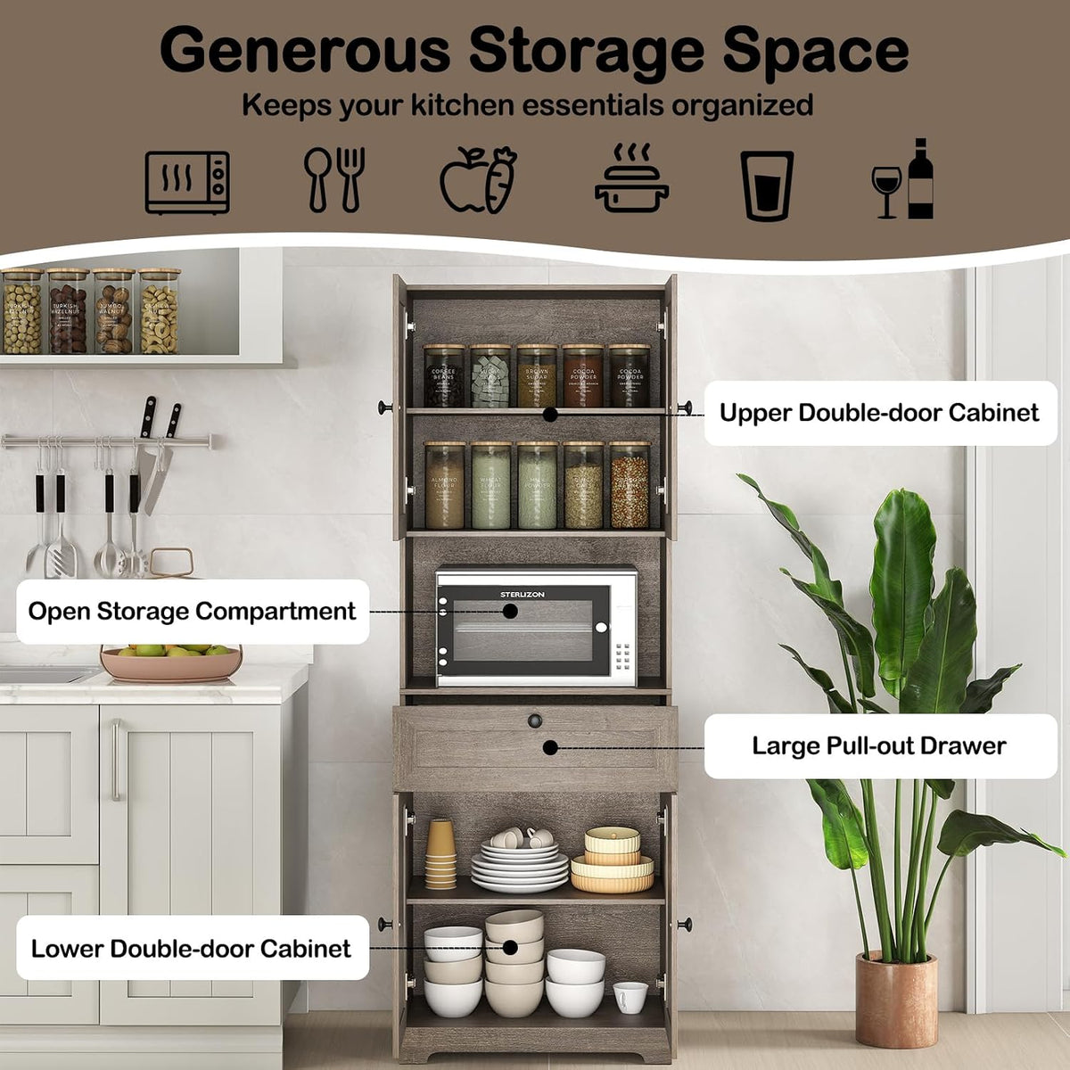 GOFLAME 67.5" Tall Pantry Cabinet, Freestanding Kitchen Pantry Cupboard with 4 Doors, 1 Drawer, & Open Compartment, Floor Storage Cabinet with Adjustable Shelf for Bathroom, Living Room (Gray Oak)